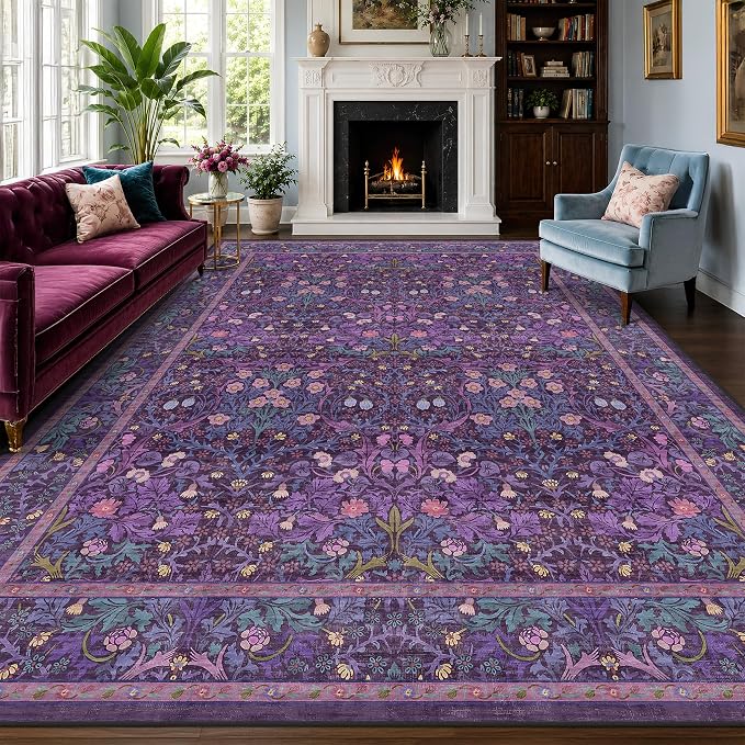 Washable Purple Floral Rug for Living Room - 9x12 Large Area Rug for Bedroom, Dining Room Under the Table, Soft Low Pile Non-Slip Stain Resistant Carpet - Vintage Plum Design