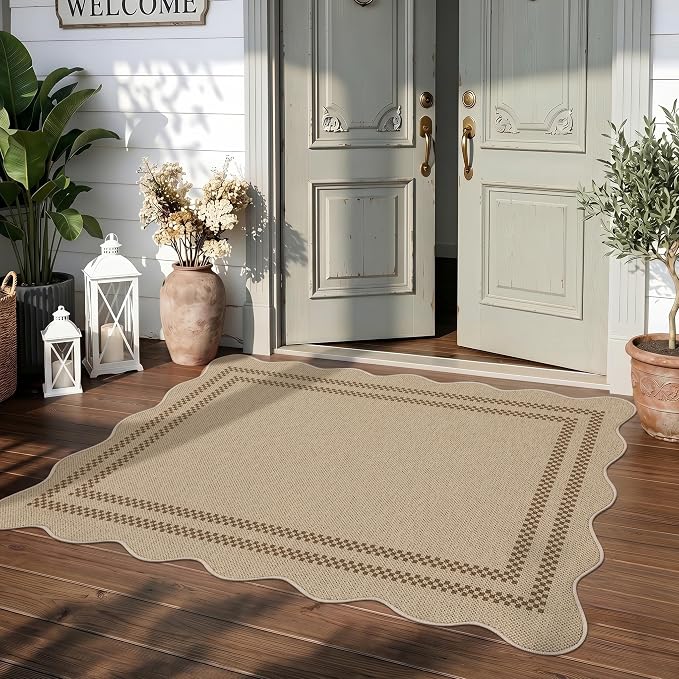 Tribesigns Scalloped Easy Jute 3x5 Washable Outdoor Patio Rug, Tan/Checkered Non-Slip Kitchen Area Rugs for Entryway Door, Geometric Indoor Carpet for Living Bedroom Office