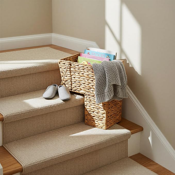Household Essentials Wicker Stair Basket with Handles, Handwoven Water Hyacinth, Sits on Two Stairs, Lightweight, Natural