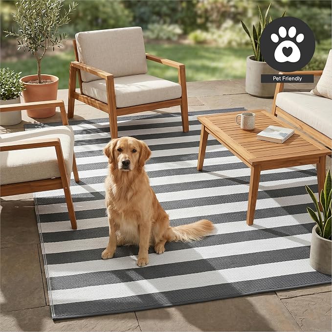 FH Home Outdoor Rug - Waterproof, Fade Resistant, Crease-Free - Premium Recycled Plastic - Geometric - Patio, Porch, Deck, Balcony - Brittany Stripe - Gray & White - 5 x 8 ft