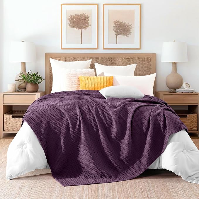Elegant Comfort Premium 100% Cotton Waffle Blanket - Lightweight Breathable Waffle Weave Bed Blanket - Soft and Warm All Season Blanket for Couch, Sofa and Bed, King Size 90x108 Inches, Purple