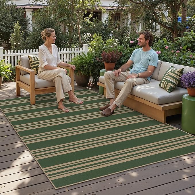 PureCozy Striped Easy Jute Rug 6x9 Green Living Room Carpet Washable Non Slip Bedroom Office Rug Farmhouse Neutral Non Shedding Indoor Outdoor Large Carpet for Kitchen Dining Room