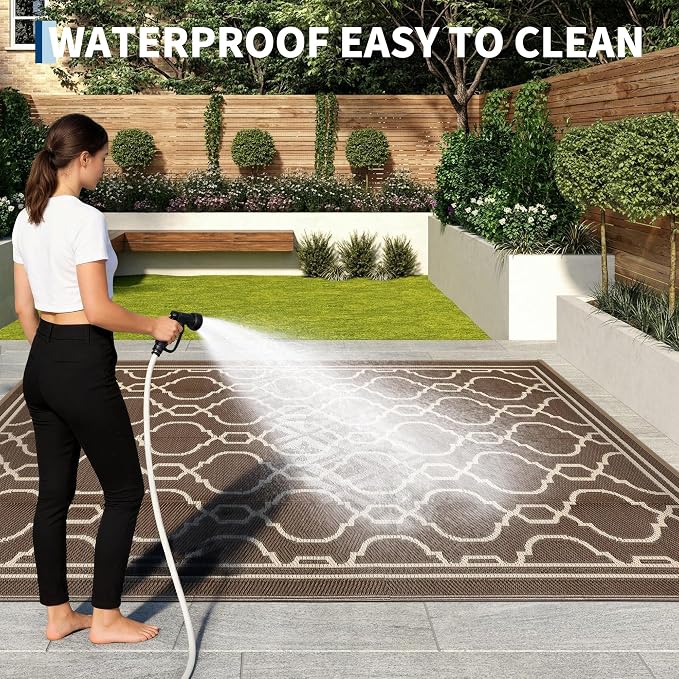 Garvee 8 x 10 Outdoor Rug Waterproof for Patio, Foldable Reversible Plastic Straw Area Rug, Large Mats for Camping, RV, Balcony, Deck, Picnic, Beach, Brown & Beige