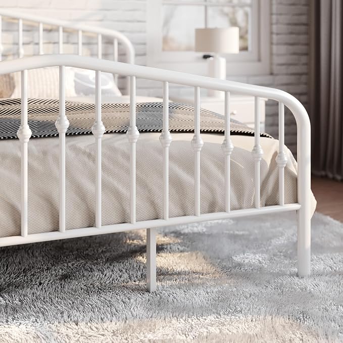 SHA CERLIN King Size Metal Bed Frame with Wrought Iron-Art Headboard, White | Victorian Style Metal Platform Bed Frame, Wrought Iron-Art Headboard and Footboard, Under-Bed Storage, No Box Spring Needed