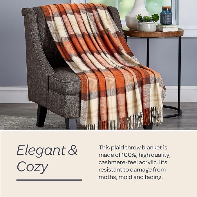 Lavish Home Oversized Throw Blanket for Couch, Spice Plaid, 60” x 70” | Luxuriously Soft Faux Cashmere Acrylic Throw, Breathable Couch and Bed Blanket with Stylish Vintage Design