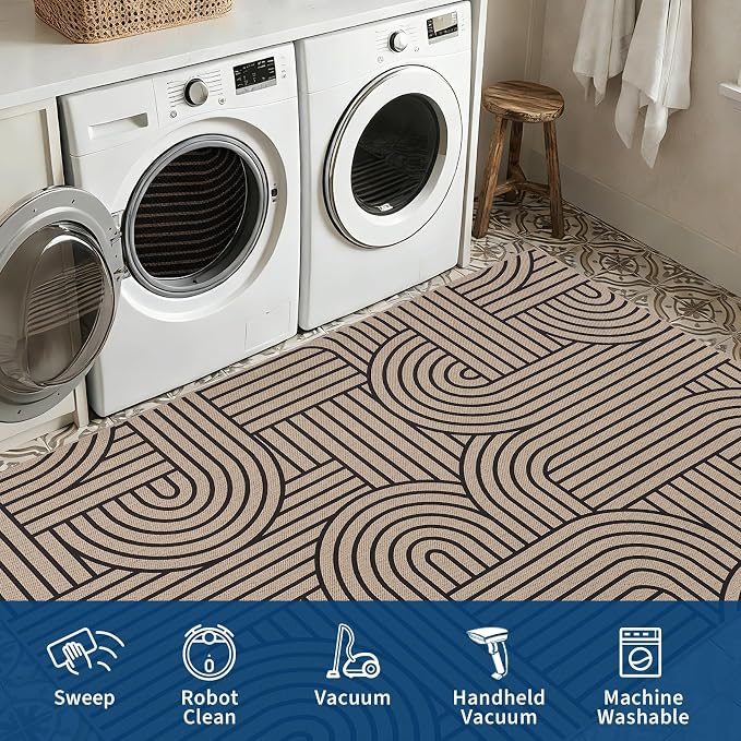 COZYLOOM 5x7 Waterproof Outdoor Patio Rug, Abstract Geometric Striped Easy Jute Rugs for Living Room, Non Slip Non Shedding Modern Area Rug for Entryway, Bedroom, Dining Room, Porch, Natural Color