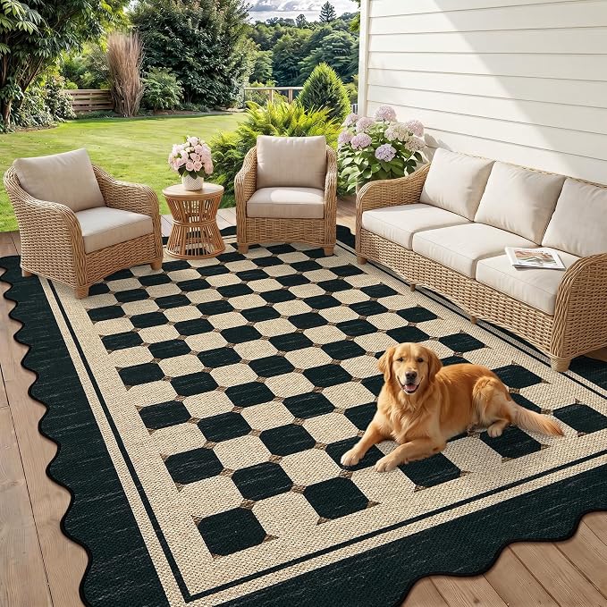 Garvee Easy Jute Checkered Area Rug, 4x6 Black Scalloped Modern Washable Rugs for Living Room Non-Slip Low Pile Entryway Mat, Farmhouse Indoor Outdoor Carpet for Kitchen Backyard Bedroom Office 4'x6'
