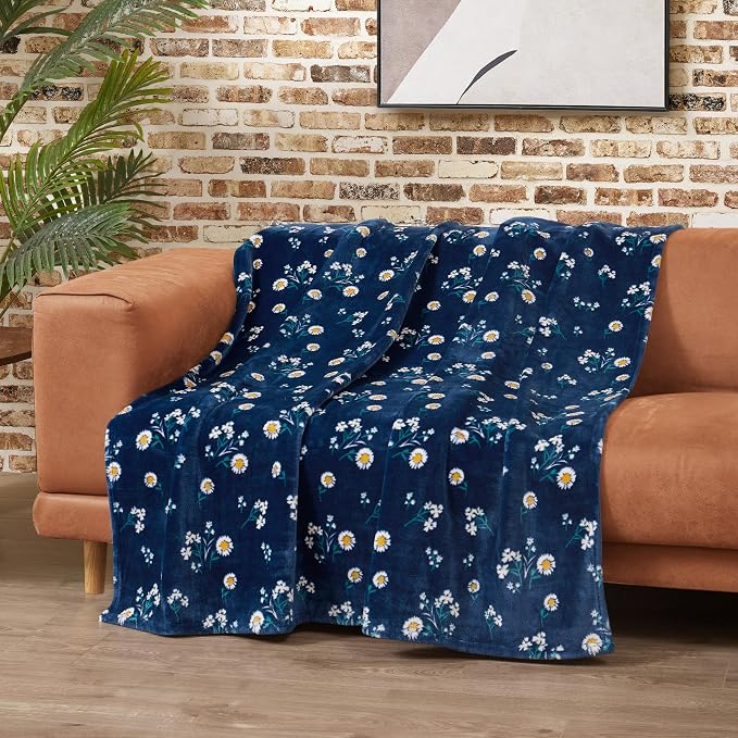 Lucky Brand Daisy Navy Blue Floral 50"X70" Cozy Plush Blanket - Premium Microfiber Throw for Luxurious Comfort and Style