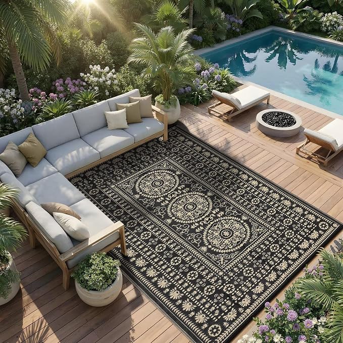 Garvee Reversible Outdoor Rug 6x9 for Patio, Waterproof Outdoor Area Rug, Modern Medallion Indoor Outdoor Rugs, Plastic Straw Rug for RV, Camping, Deck, Vintage Brown