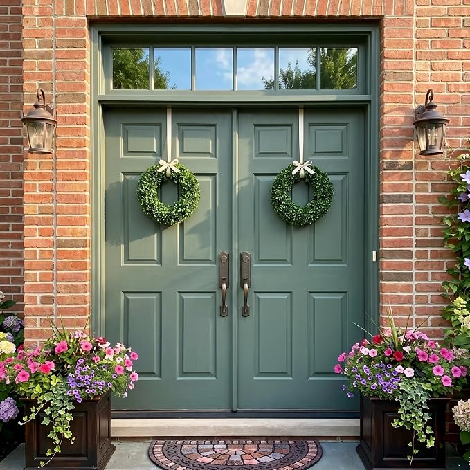 Pure Garden 16.5-Inch Boxwood Wreath Set of 2 - Round UV Resistant Artificial Spring, Winter, Fall, or Summer Wreath - Indoor/Outdoor Summer Wreaths for Front Door
