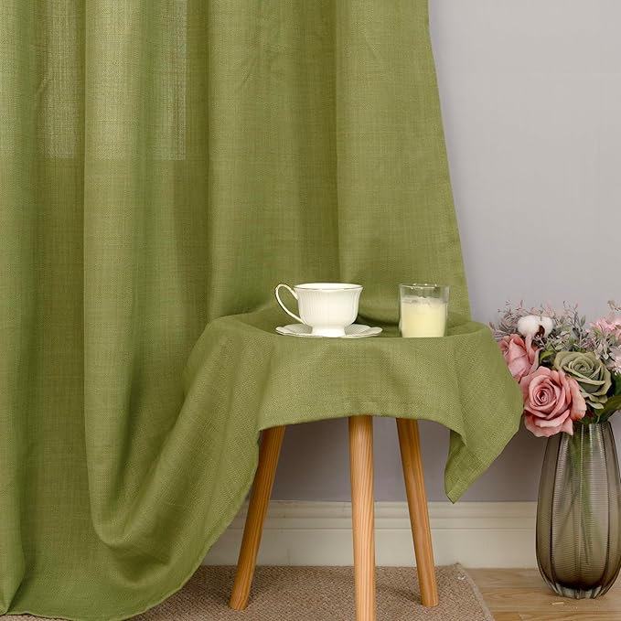 LAMIT Moss Green Linen Curtains 90 Inch Long for Bedroom, Grommet Thick Linen Textured Sheer Curtains Light Filtering Privacy Window Panels for Living Room/French Door, Set of 2, 52 x 90 Inch