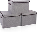 Bagnizer Large 17" 42 Quarts Collapsible Stackable Storage Bins with Lids [3-Pack] Foldable Fabric Linen Storage Boxes Cube, Closet Organizer Baskets with Label for Home (16.7 x 12 x 12, Gray)