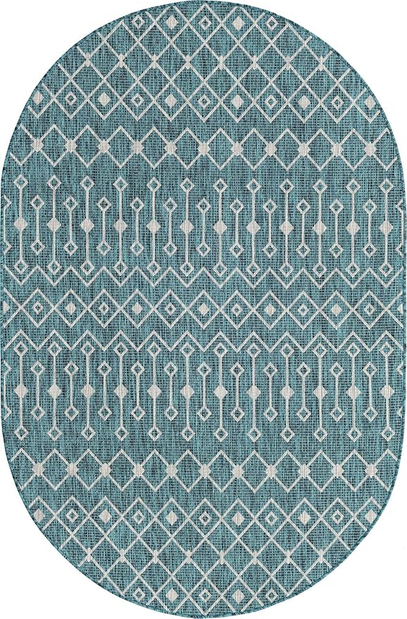 Unique Loom Outdoor Trellis Collection Area Rug - Tribal Trellis (5' 3" x 8' Oval, Teal/ Ivory)