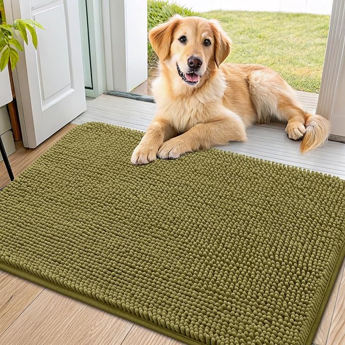 Smiry Dog Door Mat for Muddy Paws 40x24, Absorbent Dirt Trapper, Non-Slip Washable Chenille Entryway Rug for Inside Floor, Willow Green, Classic Solid
