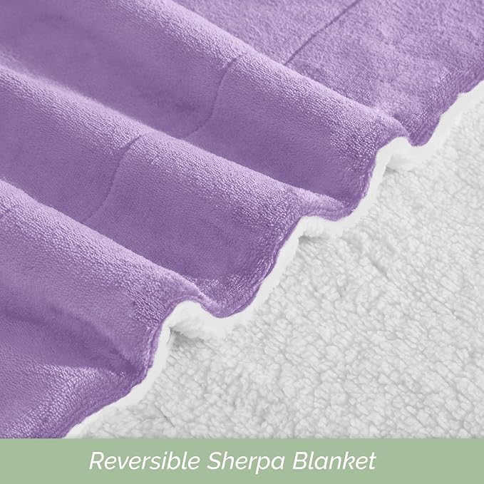 Elegant Comfort Ultra Soft Reversible Flannel Sherpa Blanket - Cozy Silky Fleece Throw for Couch, Bed - Plush Fuzzy Warm Winter Blanket for Gift, King, Lilac