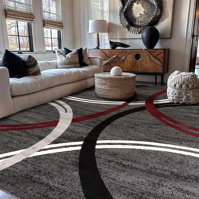 Rugshop Wavy Circles Modern Non-Shedding Area Rug Red 7'10" x 10'2" | Rectangular, Size 7'10" x 10'2", Living Room, Bedroom, Dining Room, Home Office, Kitchen, Entryway, Hallway, Nursery, Bedside
