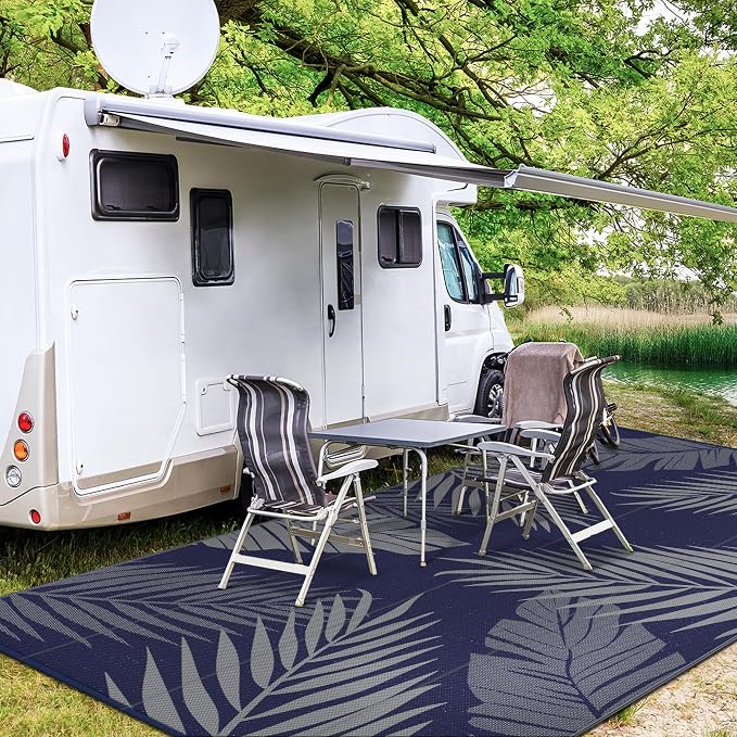 GENIMO Outdoor Rug, Waterproof Plastic Rugs 9'x18' for Camping Blue Grey | Outside Larger Leaf Carpet Mat for Patio Decor, RV, Porch, Camper, Deck, Picnic, Beach, Backyard, Reversible, Foldable