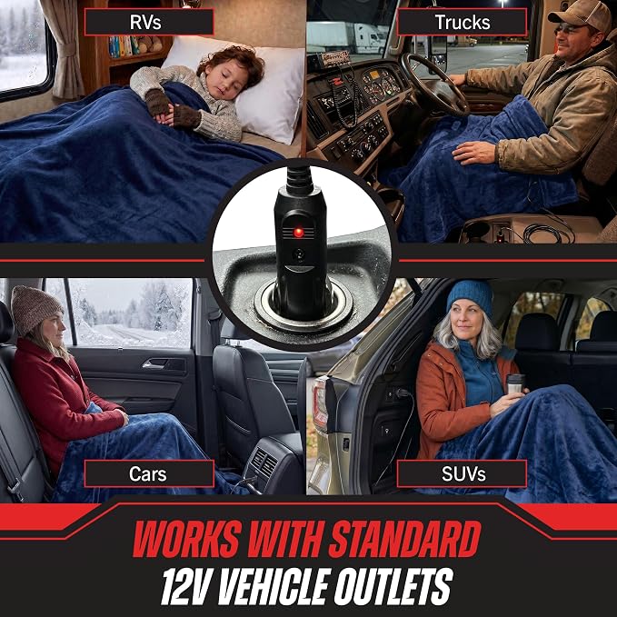 Heated Car Blanket - 12V Electric Travel Blanket for Car, Truck, SUV or RV - Portable Heated Throw for Road Trips, Camping or Winter Emergency Kit for Cold Weather Travel by Stalwart (Navy)