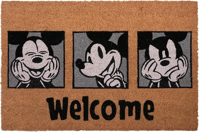 Gertmenian Disney Mickey Mouse Coir Doormat - 2x3 Welcome Mat (2-Pack), Ideal for High Traffic Areas in Front Door, Garage, Entryway - Retro Mickey Home/Welcome, Grey, 47318