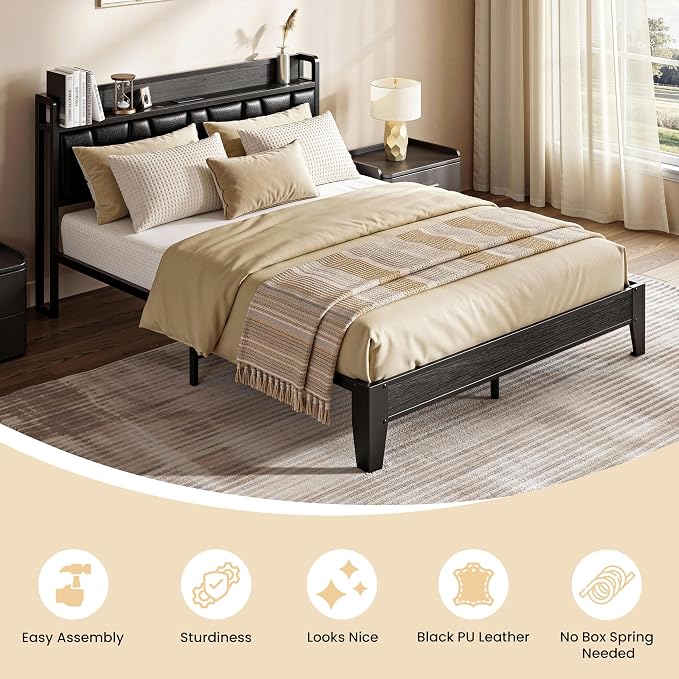 LIKIMIO Full Size Bed Frame, PU Leather Storage Headboard with Charging Station, Solid and Stable, Noise Free, No Box Spring Needed, Easy Assembly, Black