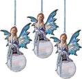 Design Toscano Snow Fairy Holiday Christmas Tree Ornaments, Set of Three, 4 inches wide, 5 inches tall, Cast Stone Resin, Blue & Purple