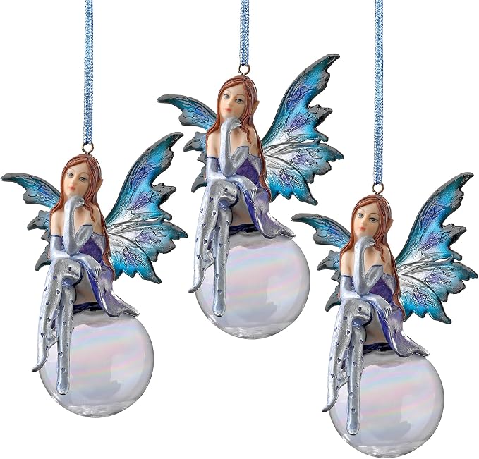 Design Toscano Snow Fairy Holiday Christmas Tree Ornaments, Set of Three, 4 inches wide, 5 inches tall, Cast Stone Resin, Blue & Purple