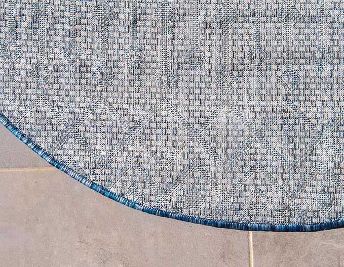 Unique Loom Outdoor Trellis Collection Area Rug - Tribal Trellis (4' 1" Round, Blue/ Ivory)