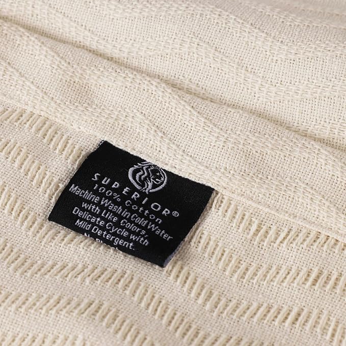 Superior JENA Cotton Blanket, for Picnic, Beach, Traveling or Camping, Bedroom Decor, Essentials, Cover for Bed, Couch, Lounging, Textured Jacquard, Modern Chevron Woven Blanket, King, Ivory