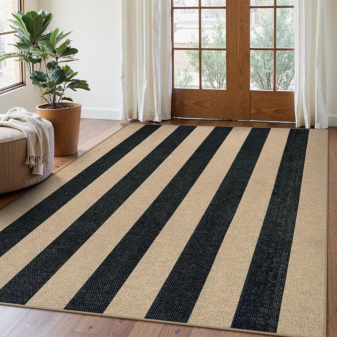 Lahome Striped Easy Jute Outdoor Patio Rug, 5x7 Living Room Washable Rugs | Dining Room Area Rug Black, Modern Farmhouse Neutral Non Slip Non Shedding Carpet for Porch Deck Classroom Entryway Office
