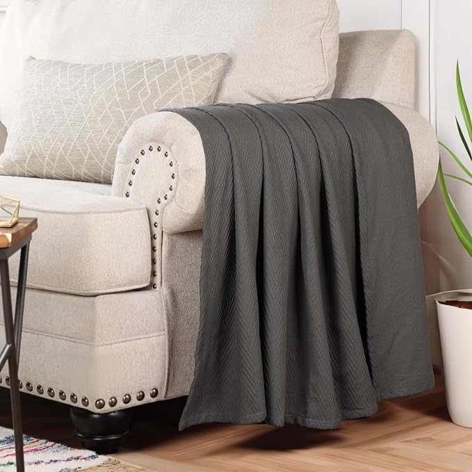 Superior Metro All-Season Cotton Blanket, Woven Blanket for Couch, Bed, Bedding, Farmhouse, Home Essentials, Cute and Cozy Bohemian Blankets, Herringbone Weave, King, Charcoal