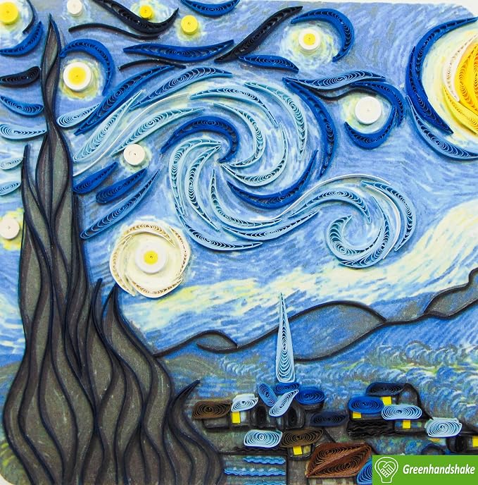 Van Gogh's The Starry Night (1889), Quilling Art Greeting Card - Design Greeting Card for Birthday, Valentine's Day, Mothers Day, Spring, Fathers Day, Graduation, Wedding, Anniversary, Thank You, Get Well, All Occasion. Framable Artwork for Art Lovers.