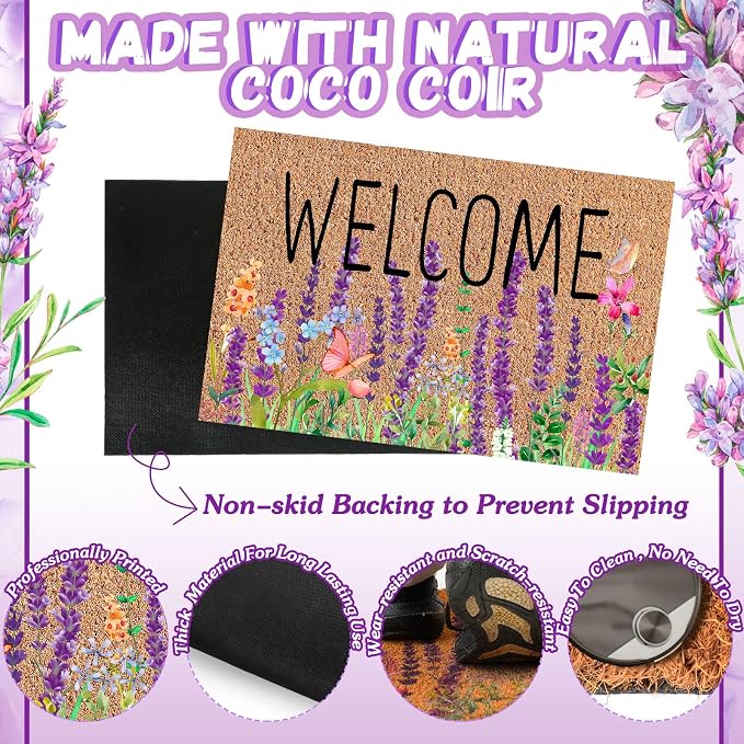 Ceenna Spring Doormat Outdoor Lavender Butterfly Flower Welcome Coir Doormat Spring Front Door Mat with Non Slip Backing Purple Flower Outside Mat Front Porch Rugs for Home Entrance, 16 x 28 Inches