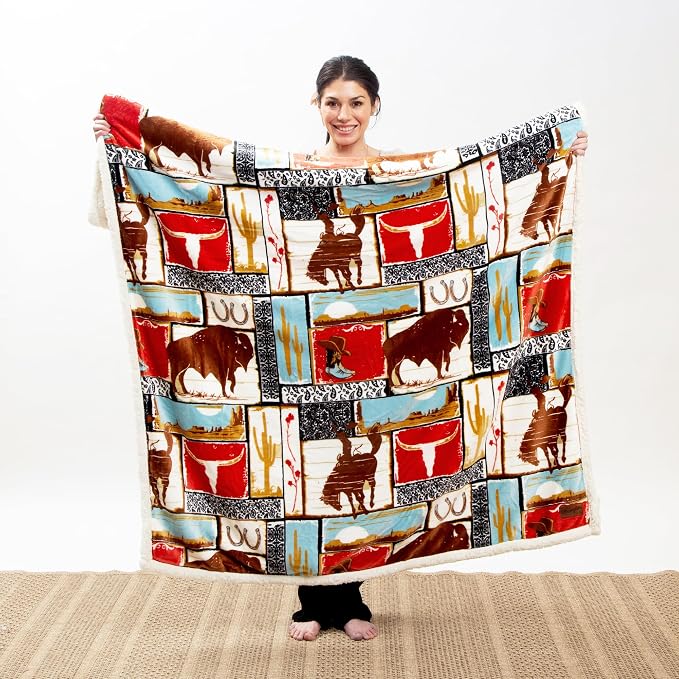 Carstens, Inc. Wrangler Ultra Premium Super Soft Plush Sherpa Fleece Oversized Throw Blanket 54" x 68", Vintage Western