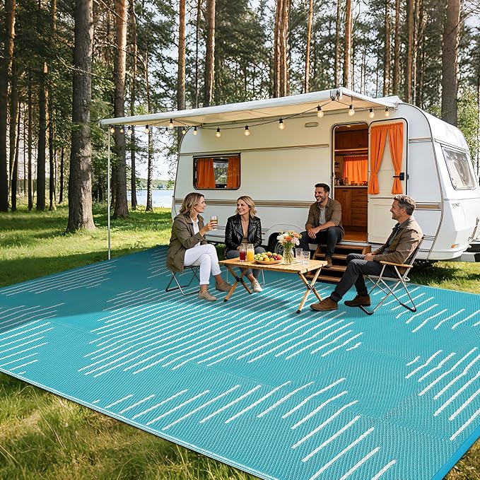 Garvee Waterproof Outdoor Area Rug 9x12 Plastic Reversible Rug for Patio Decor Easy-Cleaning Large Floor Mat for Camping RV Porch Deck Backyard Balcony Picnic Light Blue White