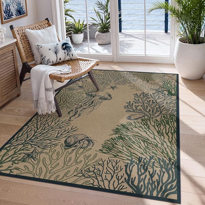 Tribesigns 3x5 Blue Green Coastal Easy Jute Outdoor Rug for Front Door | Washable, Non-Slip, Low-Pile Ocean Animal Design for Entryway, Porch, Patio and Beach House Decor, Includes 4 Rug Grippers