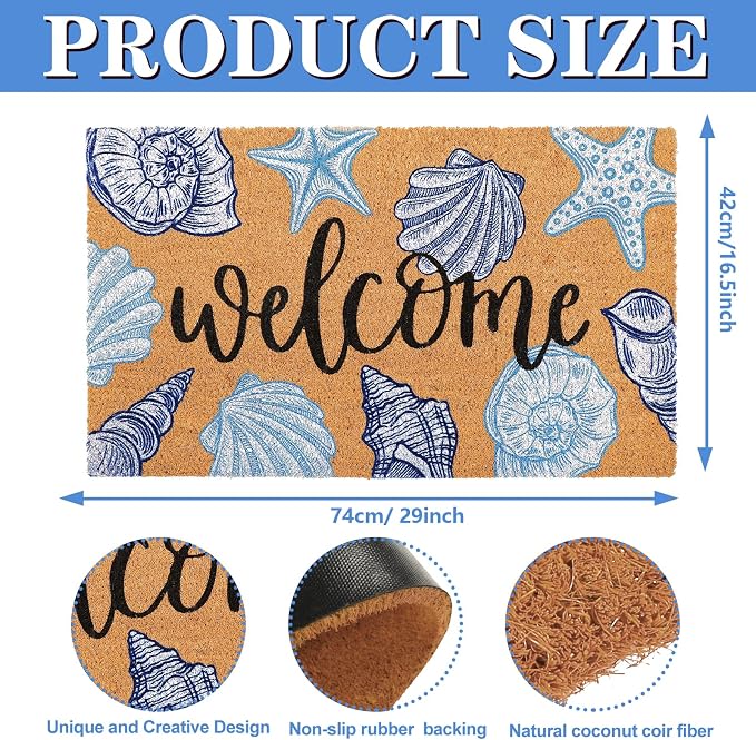 JarThenaAMCS Seashell Beach Doormat Natural Coir Welcome Floor Mat Blue White Coastal Starfish Conch Non-Slip Entrance Door Rug for Summer Indoor Outdoor Home Bathroom Decor