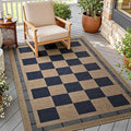 3x5 Outdoor Rug, Jute Checkered Rugs, Patio, Entryway, Balcony, Indoor Rug | Porch Plaid Carpets, Washable Bedroom Kitchen Carpet, Non Slip Farmhouse Neutral Laundry Office Floor Mat, Navy and Brown