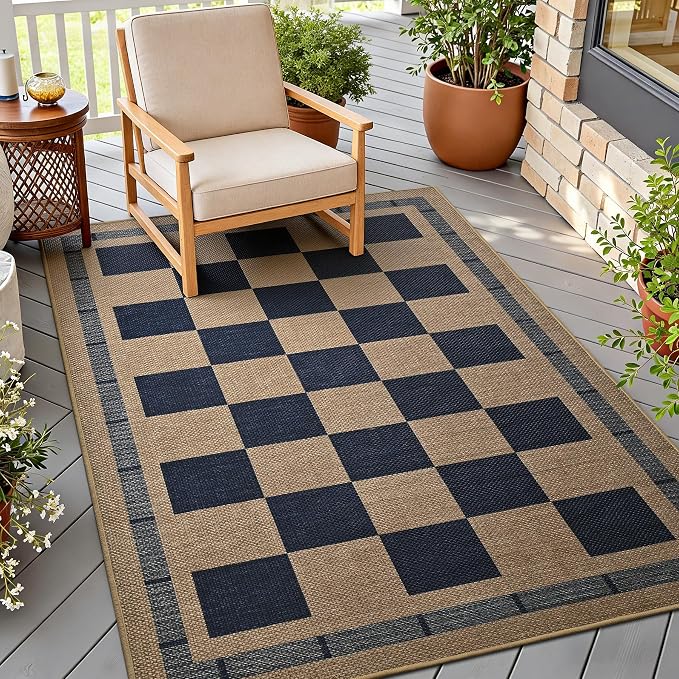 3x5 Outdoor Rug, Jute Checkered Rugs, Patio, Entryway, Balcony, Indoor Rug | Porch Plaid Carpets, Washable Bedroom Kitchen Carpet, Non Slip Farmhouse Neutral Laundry Office Floor Mat, Navy and Brown