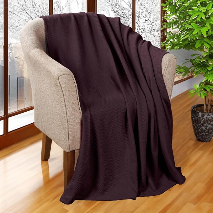Superior Metro All-Season Cotton Blanket, Woven Blanket for Couch, Bed, Bedding, Farmhouse, Home Essentials, Cute and Cozy Bohemian Blankets, Herringbone Weave, Twin Size, Plum