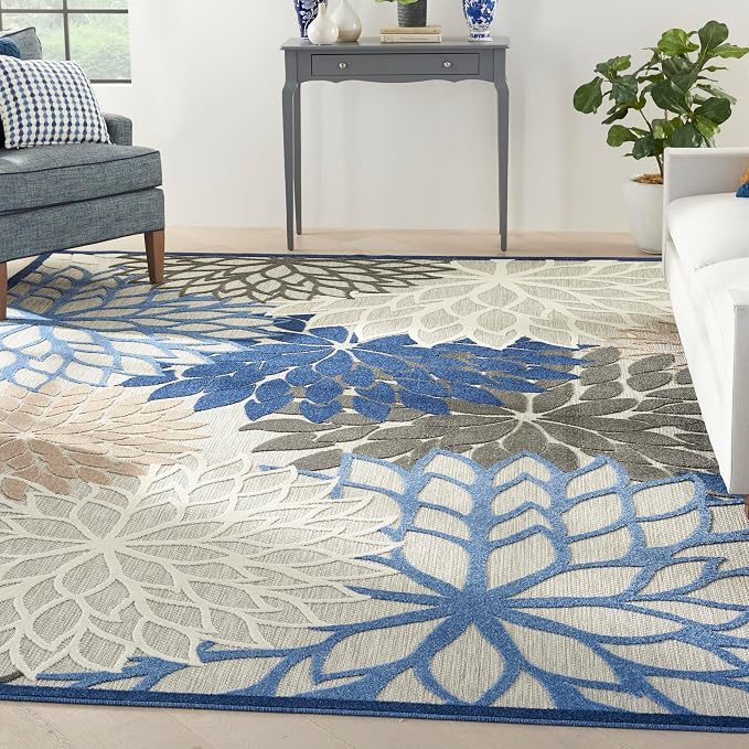 Nourison Home Aloha Indoor/Outdoor Blue/Multicolor 9' x 12' Area Rug, Tropical, Botanical, Easy Cleaning, Non Shedding, Bed Room, Living Room, Dining Room, Deck, Backyard, Patio (9x12)