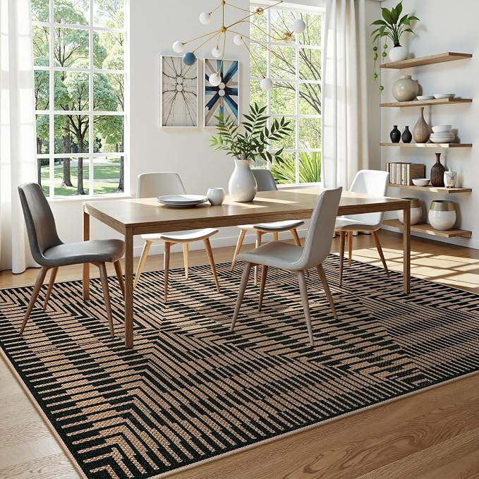LIVEBOX Easy Jute Patio Rug 5x7, Washable Indoor Outdoor Area Rug Non Slip, Farmhouse Striped Carpet for Living Room, Office, Backyard, Dining Room (Black)