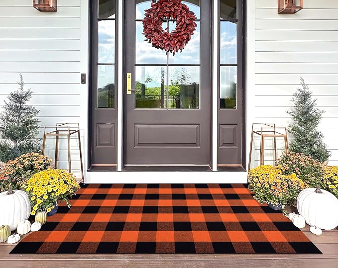 Orange and Black Outdoor Rug 3x5ft,Halloween Front Porch Mat Farmhouse Cotton Washable Layering Rug Checkered Area Rug for Porch,Entryway,Indoor,Outdoor,Halloween,Fall