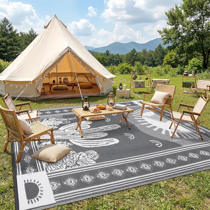 Garvee Reversible Cactus Outdoor Rug 8x10 for Patio, Waterproof Outdoor Area Rug, Modern Desert Botanical Indoor Outdoor Rugs, Plastic Straw Rug for RV, Camping, Deck, Grey