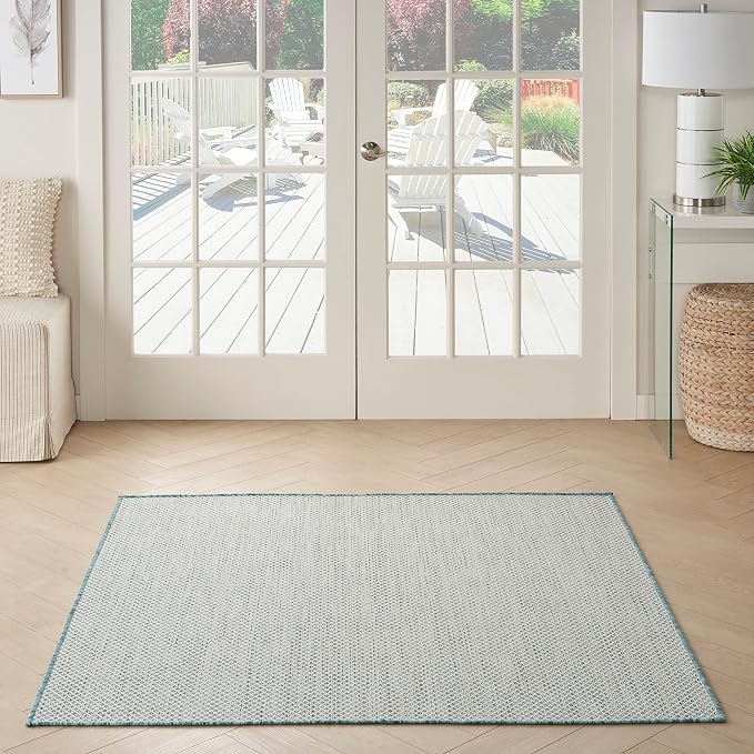 Nourison Home Courtyard Ivory Aqua 4' x Square Area Rug - Easy Clean, Non Shedding, Bed Room, Living Room, Dining Room, Kitchen (4' x Square)