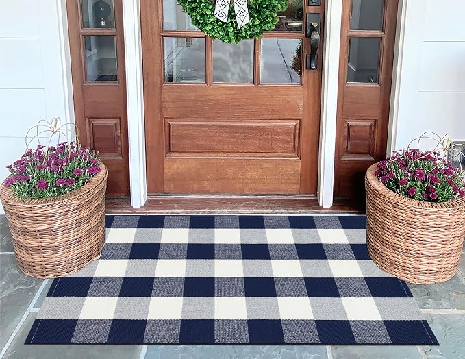 Buffalo Plaid Rug 27.5"x43" Blue White Fall Front Porch Rug Cotton Woven Washable Indoor Outdoor Rugs for Welcome Door Mat Entryway Dining Room Bedroom Living Room