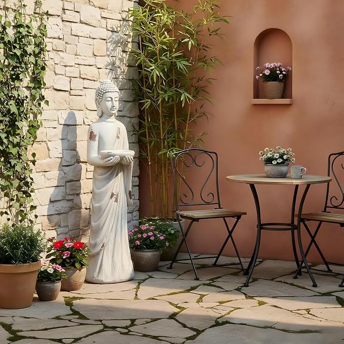 Extra-Large Buddha Statue Outdoor, 42 in Asian Decor with Birdfeeder | Zen Garden Sculpture for Indoor, Patio, Yard or Porch, Durable Weatherproof Magnesium Oxide Stone