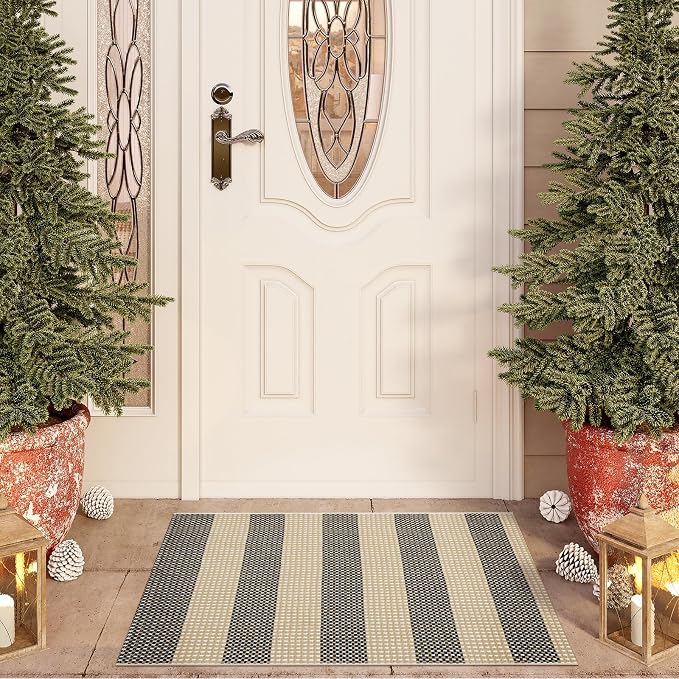 OJIA Front Door Mat Outside Entrance 24"x35" Outdoor Doormat Welcome Mat | Tan Front Door Rug Woven Striped Outdoor Rugs Entryway Rugs Indoor Small Area Rug for Kitchen Entry Bathroom Porch Decor