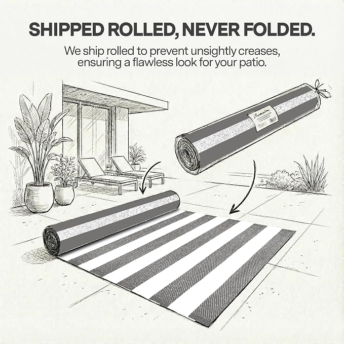 FH Home Outdoor Rug - Waterproof, Fade Resistant, Crease-Free - Premium Recycled Plastic - Geometric - Patio, Porch, Deck, Balcony - Brittany Stripe - Gray & White - 5 x 8 ft