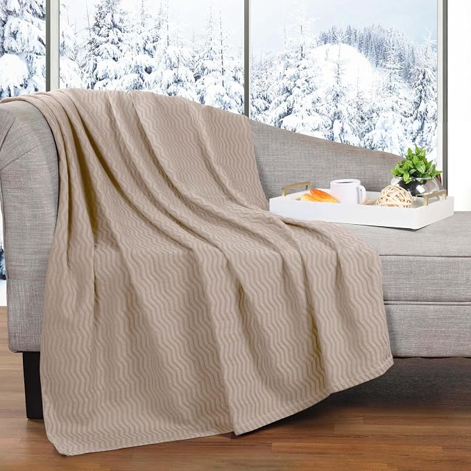 Superior JENA Cotton Blanket, for Picnic, Beach, Traveling or Camping, Bedroom Decor, Essentials, Cover for Bed, Couch, Lounging, Textured Jacquard, Modern Chevron Woven Blanket, Twin, Khaki