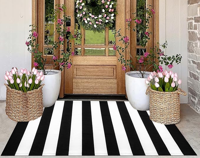 3'x5'Outdoor Rug,Black and White Striped Washable Front Porch Rug Farmhouse Cotton Woven Entry Rug Indoor Outdoor Area Rug for Porch/Home Entrace Decor/Bedroom/Layered Door Mats